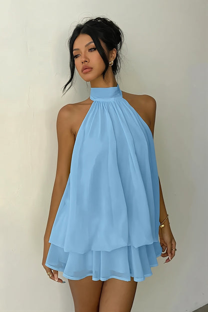 Vacation Halter Backless High Waist Flowy Mini Dress