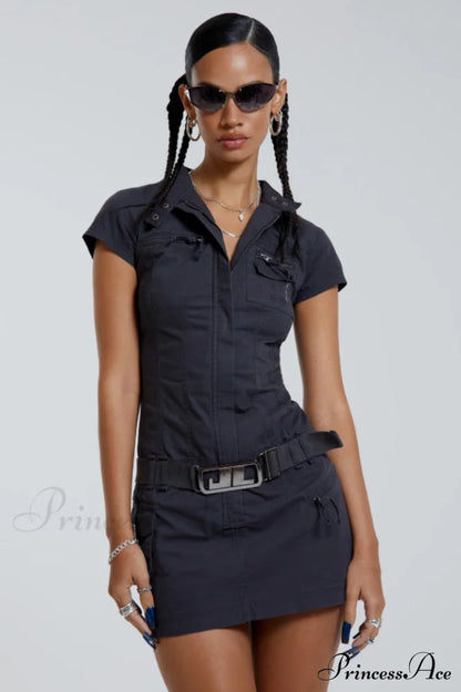 Belted Cargo Mini Charming Dress In Grey