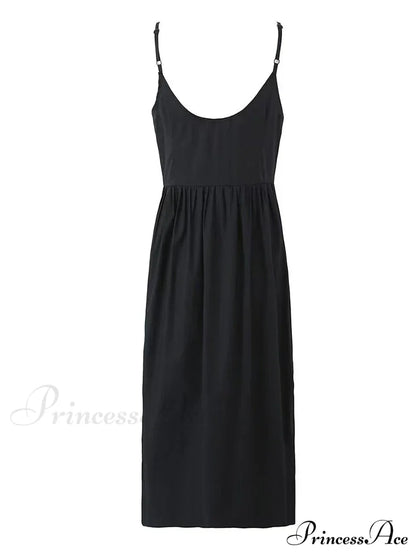 Black Bow Solid Charming Strap Midi Dress