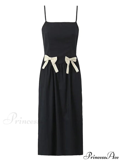 Black Bow Solid Charming Strap Midi Dress
