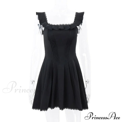 Black Corset Square Neck Graceful Frill Strap Mini Dress