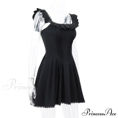 Black Corset Square Neck Graceful Frill Strap Mini Dress