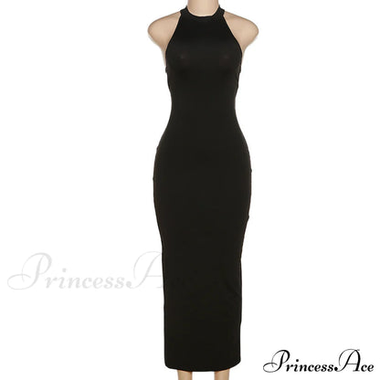 Black Halter Backless Maxi Graceful Dress With Back Straps