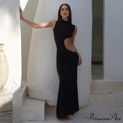 Black Hollow Out Long Women Sleeveless Bodycon Sexy Maxi Evening Slim Fashion Clubwear Cut Out Dress