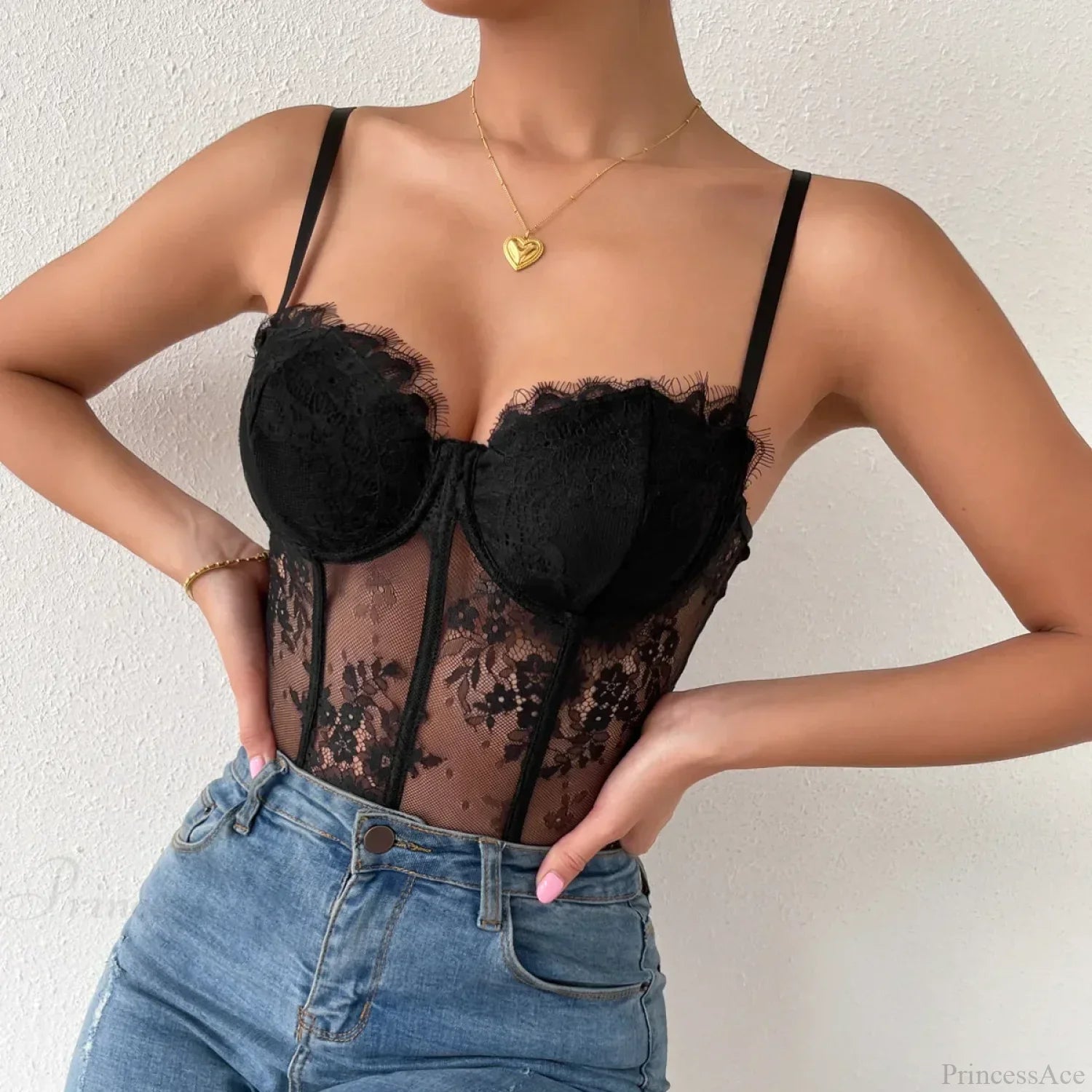 Black Lace Eyelash See-through Fishbone Bustier