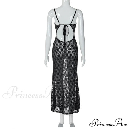 Black Lace Mesh Charming Strap Midi Dress
