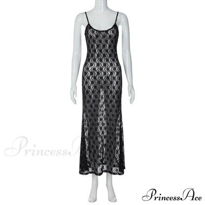 Black Lace Mesh Charming Strap Midi Dress