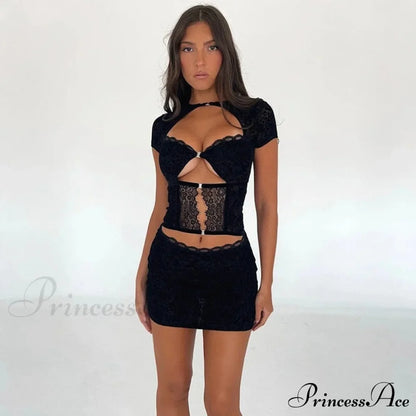 Black Lace Sheer Front Cut Trendy Out Design Short Sleeve Mini Dress