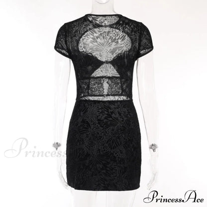 Black Lace Sheer Front Cut Trendy Out Design Short Sleeve Mini Dress