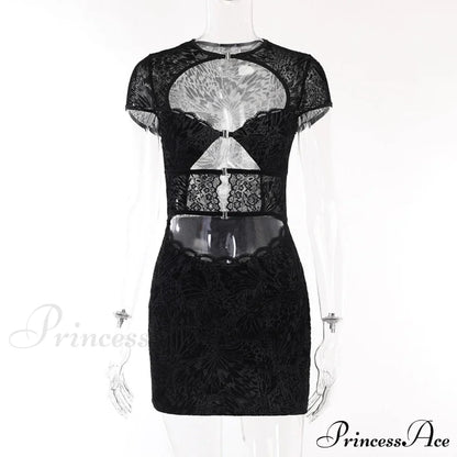 Black Lace Sheer Front Cut Trendy Out Design Short Sleeve Mini Dress