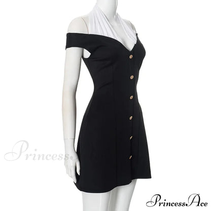 Black Off-Shoulder Contrast Charming Halter Buttoned Mini Dress