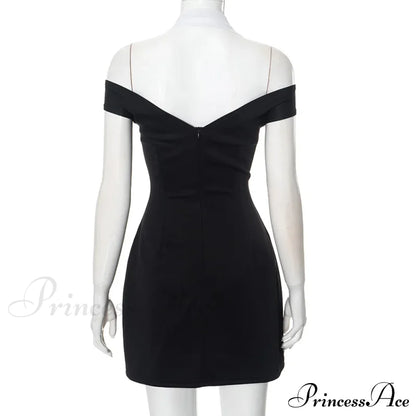 Black Off-Shoulder Contrast Charming Halter Buttoned Mini Dress