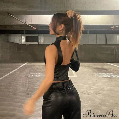 Black Pu Leather Charming Moto Zipper Tank Top