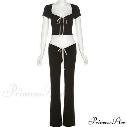 Black Ribbon Tie-Up Top Graceful And Pants Two Piece Set