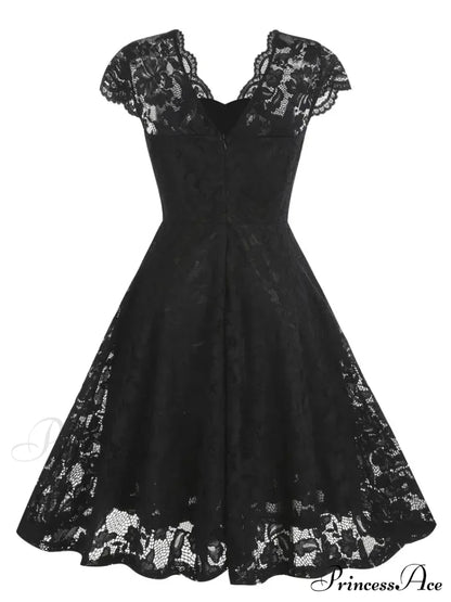 Black V Neck Cap Sleeve A Line Dress for Parties