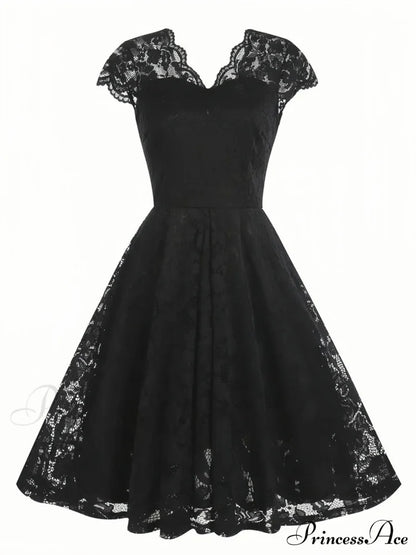 Black V Neck Cap Sleeve A Line Dress for Parties