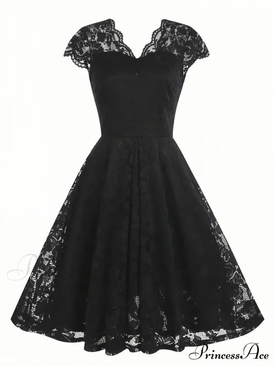 Black V Neck Cap Sleeve A Line Dress for Parties