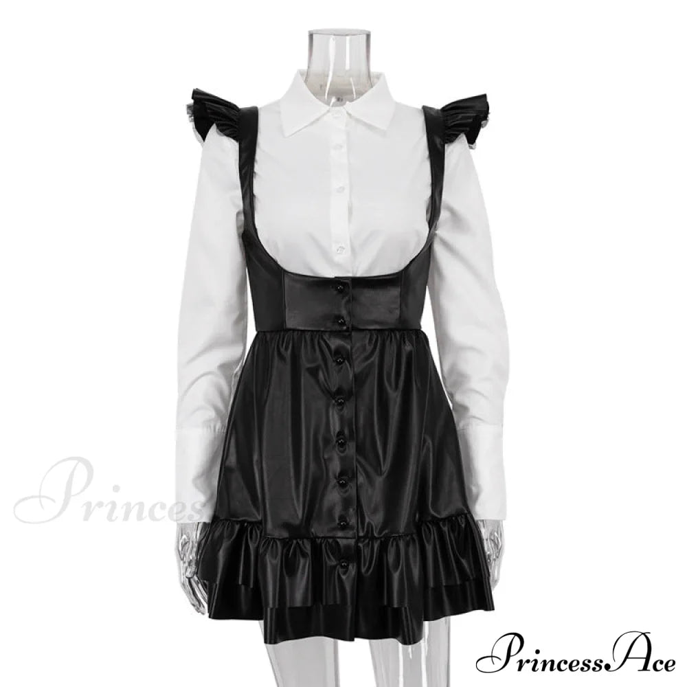 Black-White Contrast Long-Sleeve Skirt Suit