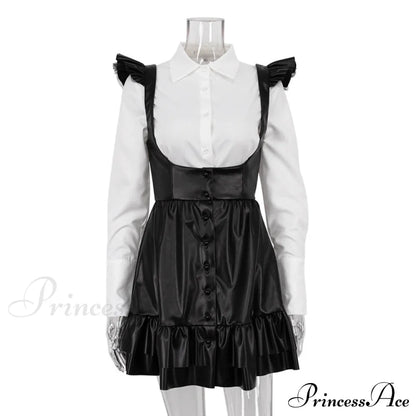 Black-White Contrast Long-Sleeve Skirt Suit