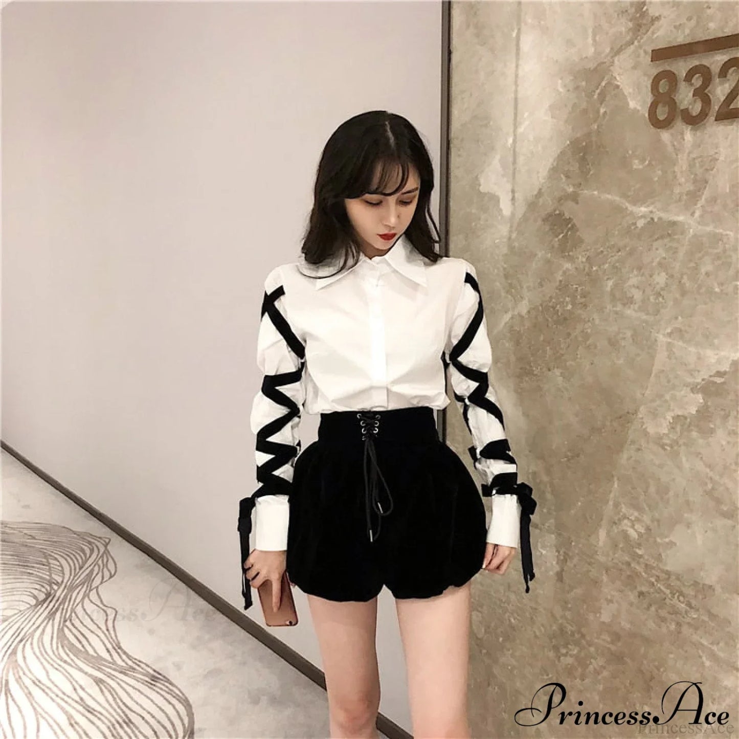Blous Top Womens Spring Long Ribbons Arm Casual Black Stitching Office Blouse Lady Blouse