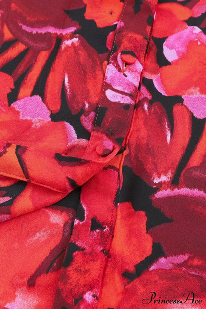 Blouse Lantern Arm Flowered Design in Red