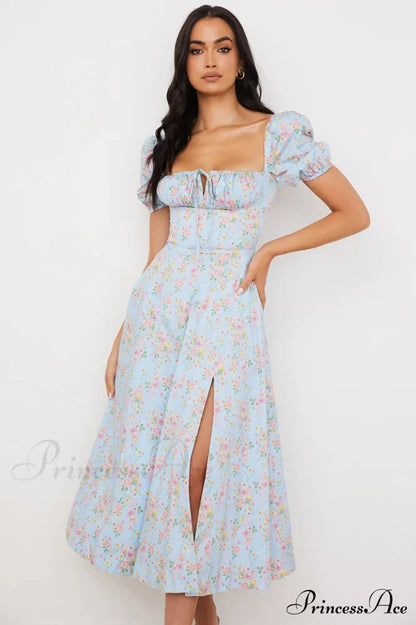Blue And Pink Charming Vintage Print Midi Skirt