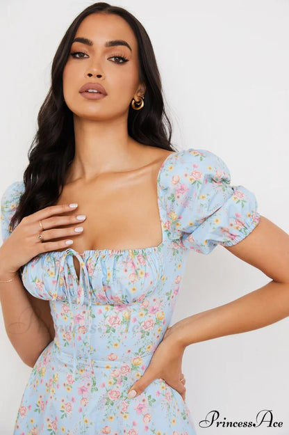 Blue And Pink Charming Vintage Print Midi Skirt