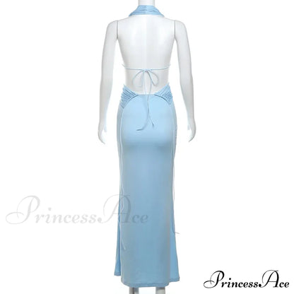 Blue Deep Slit Charming Neck Pleated Maxi Dress