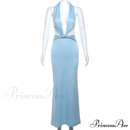 Blue Deep Slit Charming Neck Pleated Maxi Dress
