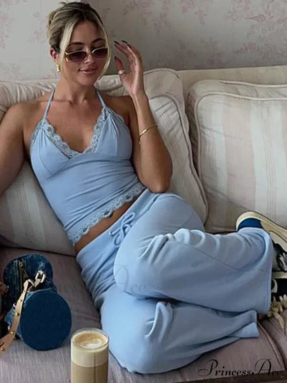 Blue Halter Crop Top Graceful And Flare Pants Set