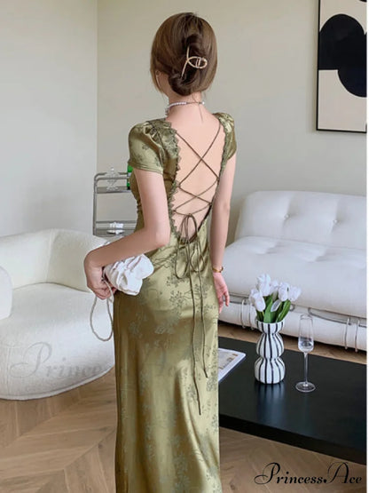 Satin V-Neck Backless Bodycon Dress