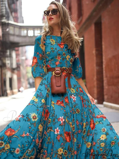 Bohemia Gown Full-Length Neck Half with Round and Flowered Sleeves Boho Dress