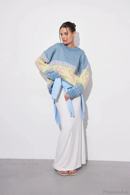 Bow Color Block Crew Neck Outer Wear Warm Lazy Knit Sweater