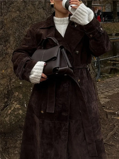 Brown Suede Leather Long Coat
