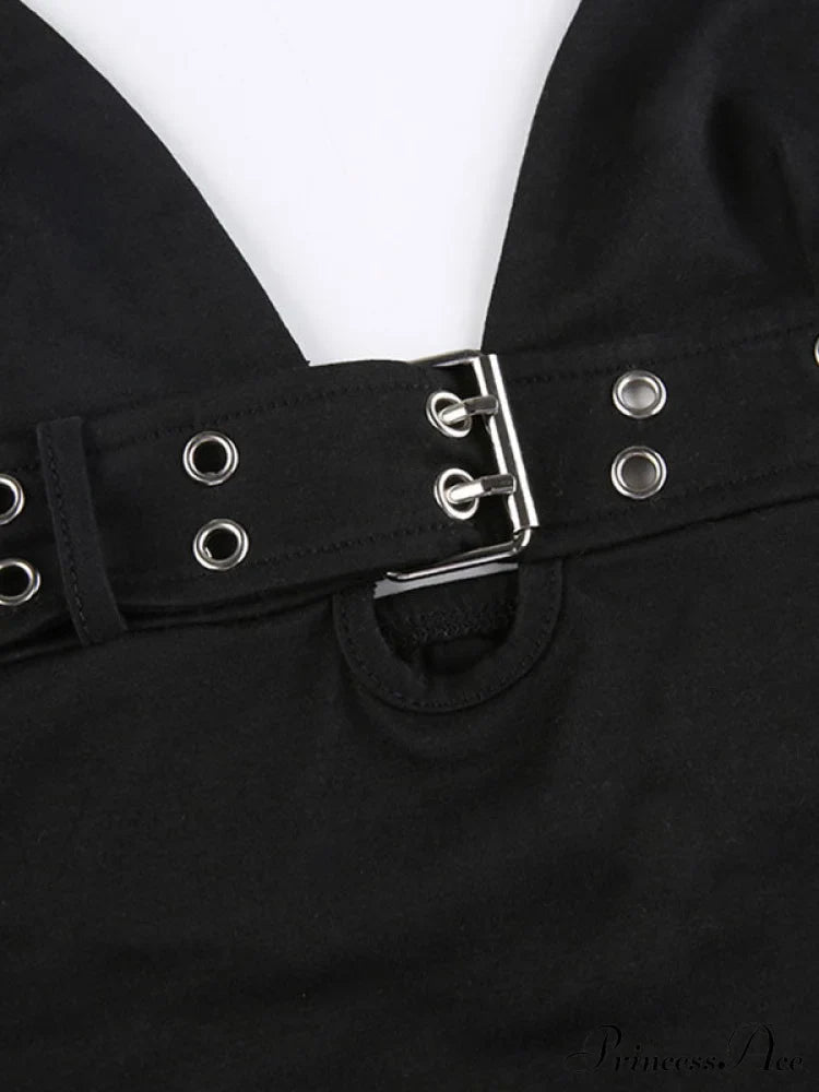Buckle Strap Black Trendy Bodycon Crop Top