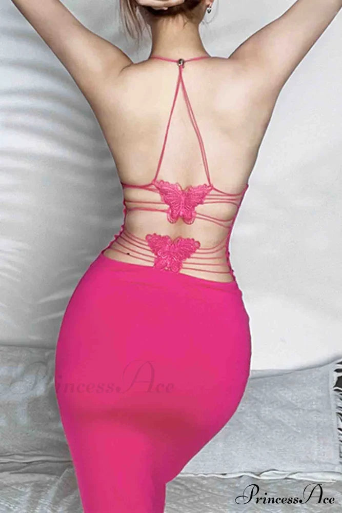 Butterfly Backless Midi Dress with Halterneck