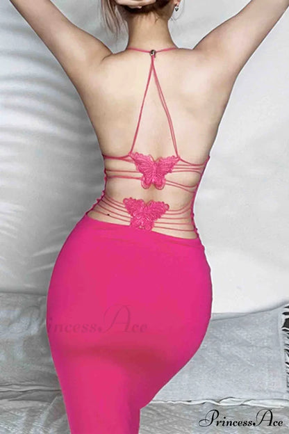 Butterfly Backless Midi Dress with Halterneck