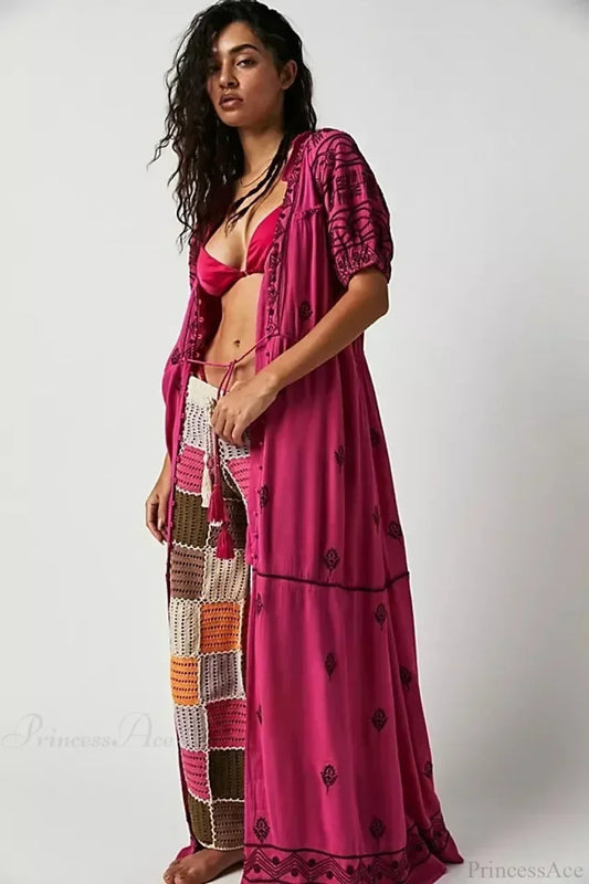 Button Down Embroidery Short Sleeve Chic Boho Dress