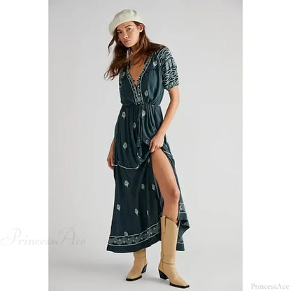 Button Down Embroidery Short Sleeve Chic Boho Dress