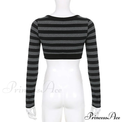 Button Full T Vintage V Crop Top Harajuku Neck Blouse Arm Knitted Women Grunge Tee Striped Y2K Outfits