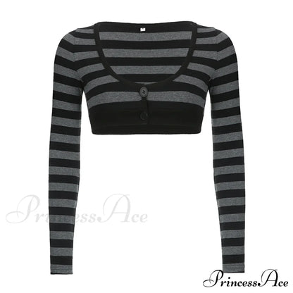 Button Full T Vintage V Crop Top Harajuku Neck Blouse Arm Knitted Women Grunge Tee Striped Y2K Outfits