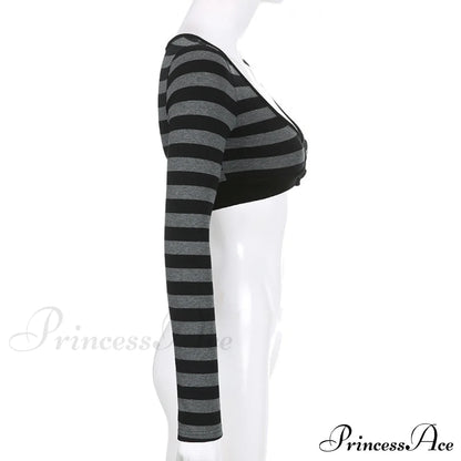 Button Full T Vintage V Crop Top Harajuku Neck Blouse Arm Knitted Women Grunge Tee Striped Y2K Outfits