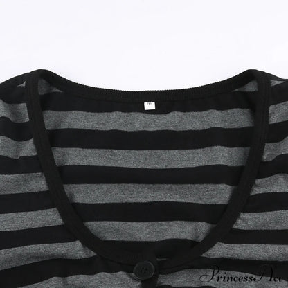 Button Full T Vintage V Crop Top Harajuku Neck Blouse Arm Knitted Women Grunge Tee Striped Y2K Outfits