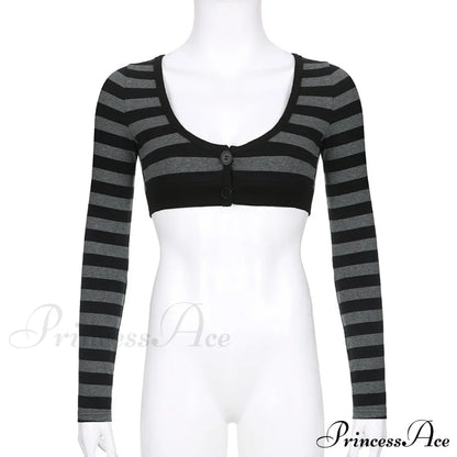Button Full T Vintage V Crop Top Harajuku Neck Blouse Arm Knitted Women Grunge Tee Striped Y2K Outfits