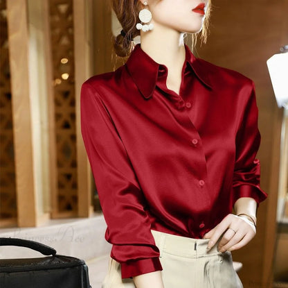 Button Satin - Women's Blouse Silk Luxury Office Crepe Up Elegant Top