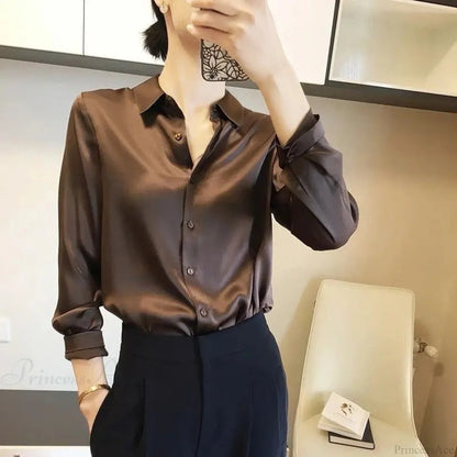 Button Satin - Women's Blouse Silk Luxury Office Crepe Up Elegant Top