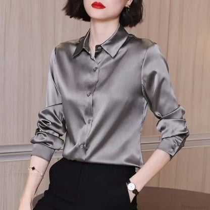 Button Satin - Women's Blouse Silk Luxury Office Crepe Up Elegant Top