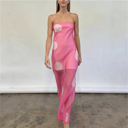 Elegant Polka Dot Strapless Sheer Slim Maxi Dress