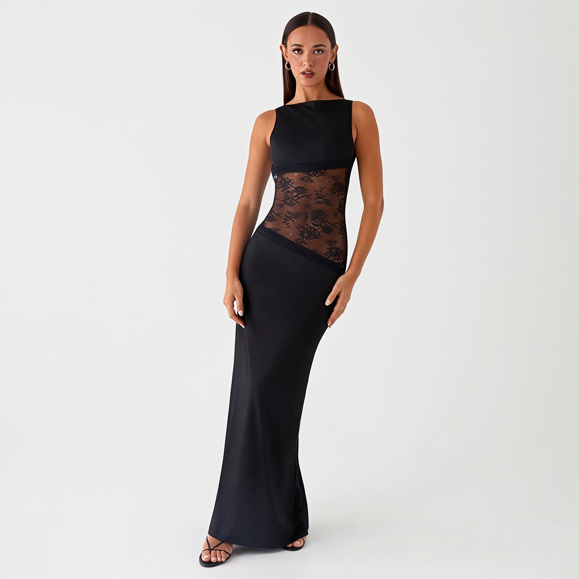 Sexy Lace Satin Backless Maxi Dress