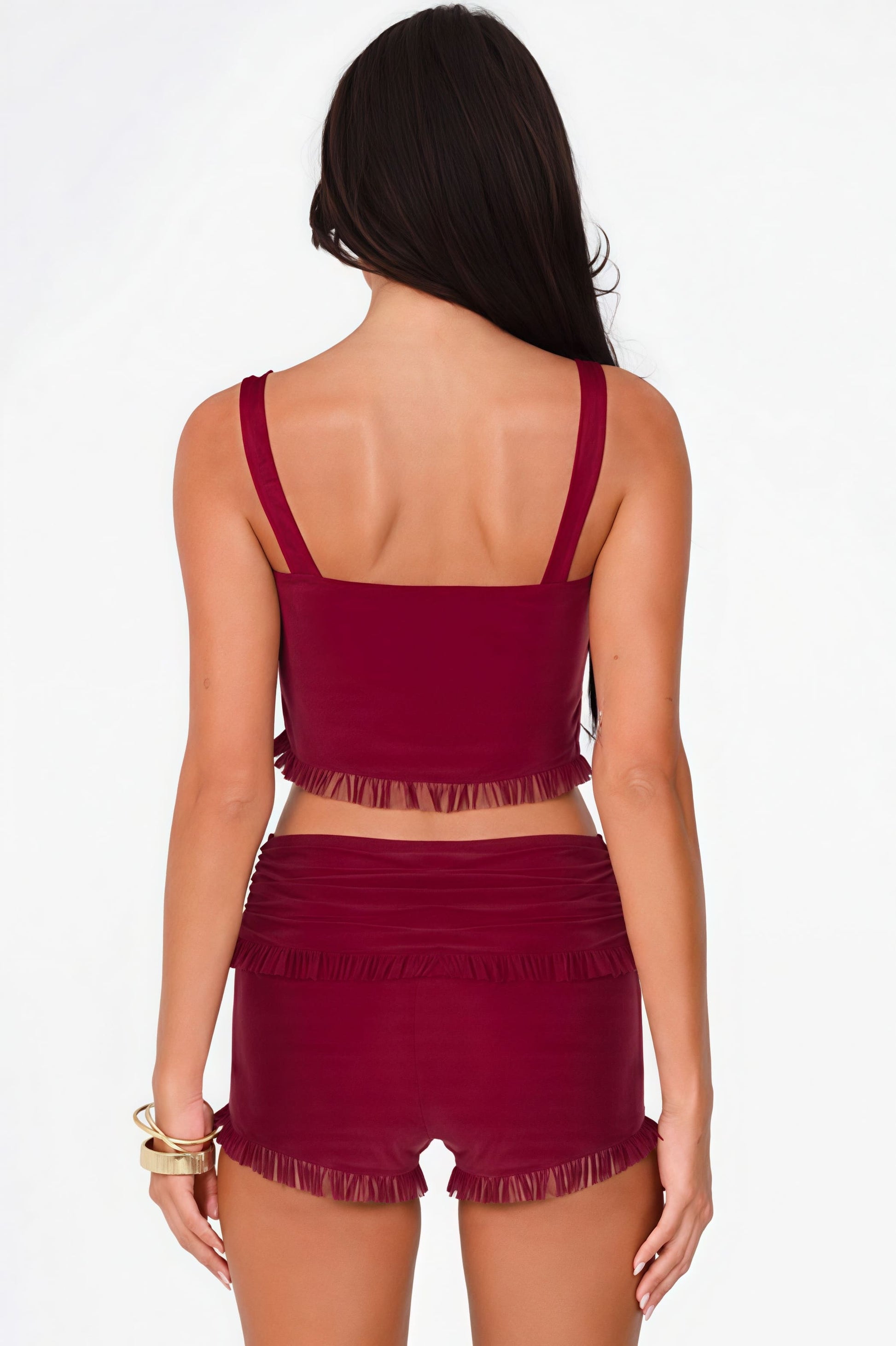 Fashion Snap Button Cami Top Slim Ruffle Shorts Skirt Set